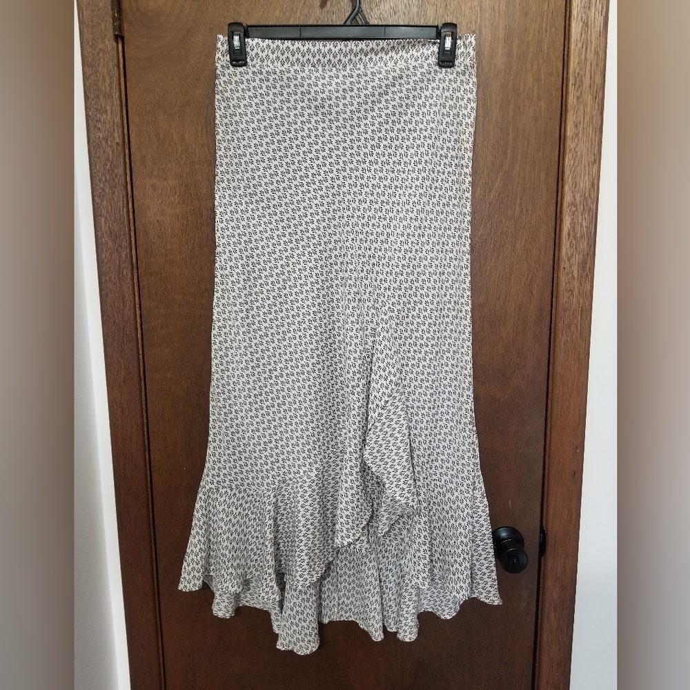 Chenault Black and Cream Ruffle-Hem High-Low Midi Skirt
